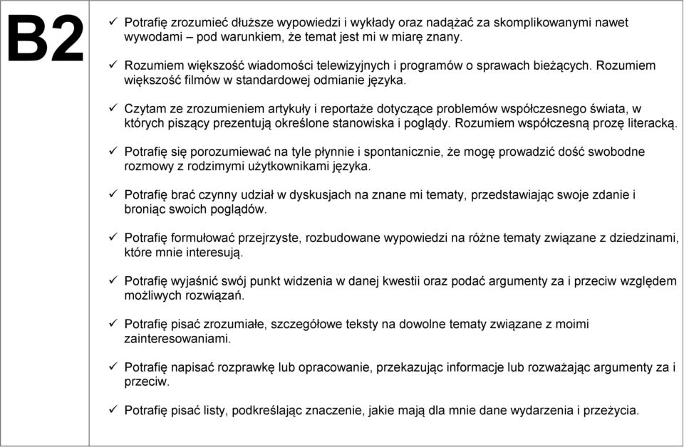 Czytam ze zrozumieniem artykuły i reportaże dotyczące problemów współczesnego świata, w których piszący prezentują określone stanowiska i poglądy. Rozumiem współczesną prozę literacką.