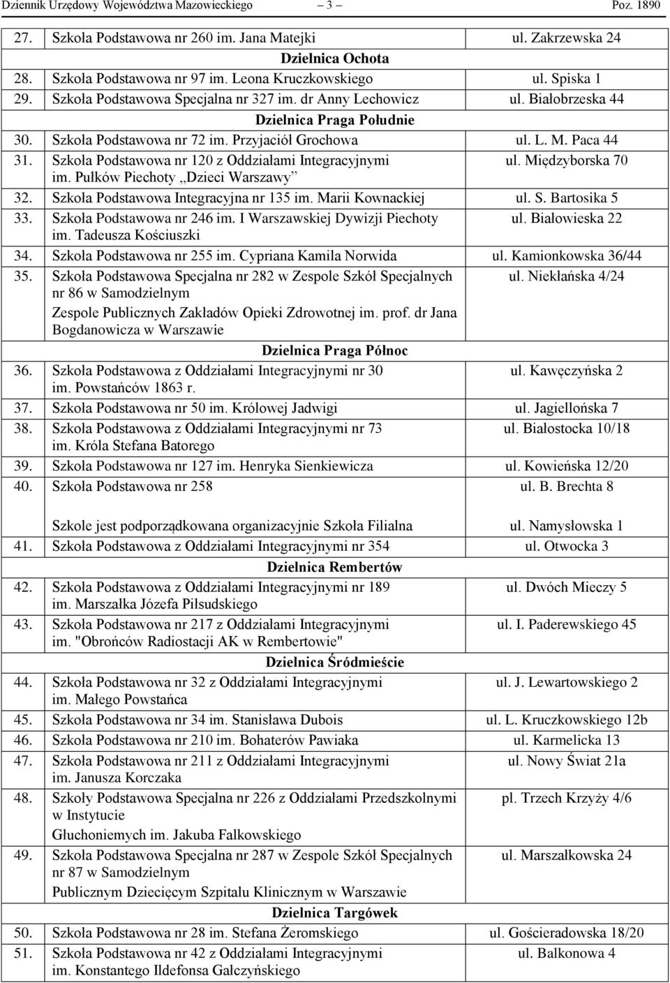 Szkoła Podstawowa nr 120 z Oddziałami Integracyjnymi ul. Międzyborska 70 im. Pułków Piechoty Dzieci Warszawy 32. Szkoła Podstawowa Integracyjna nr 135 im. Marii Kownackiej ul. S. Bartosika 5 33.