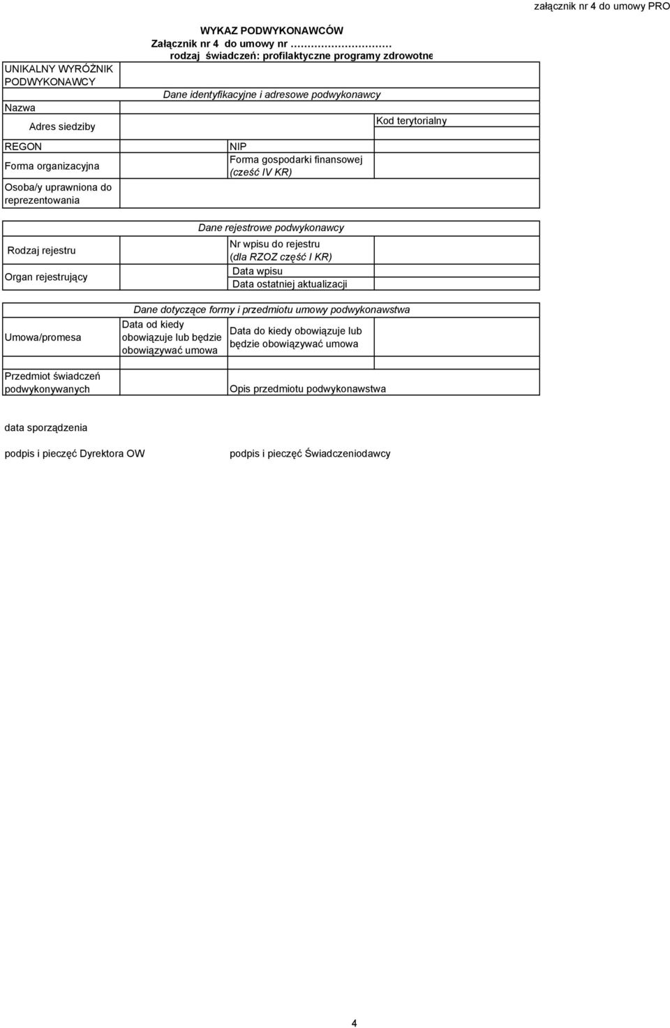 gospodarki finansowej (cześć IV KR) Dane rejestrowe podwykonawcy Nr wpisu do rejestru (dla RZOZ część I KR) Data wpisu Data ostatniej aktualizacji Dane dotyczące formy i przedmiotu umowy