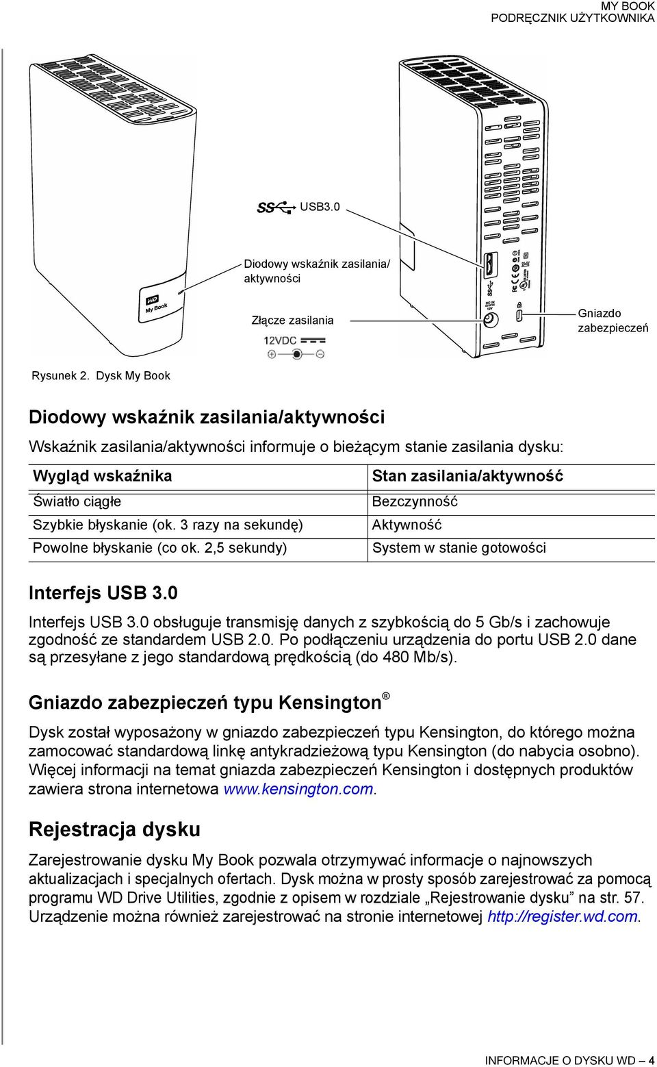 3 razy na sekundę) Powolne błyskanie (co ok. 2,5 sekundy) Interfejs USB 3.0 Interfejs USB 3.0 obsługuje transmisję danych z szybkością do 5 Gb/s i zachowuje zgodność ze standardem USB 2.0. Po podłączeniu urządzenia do portu USB 2.