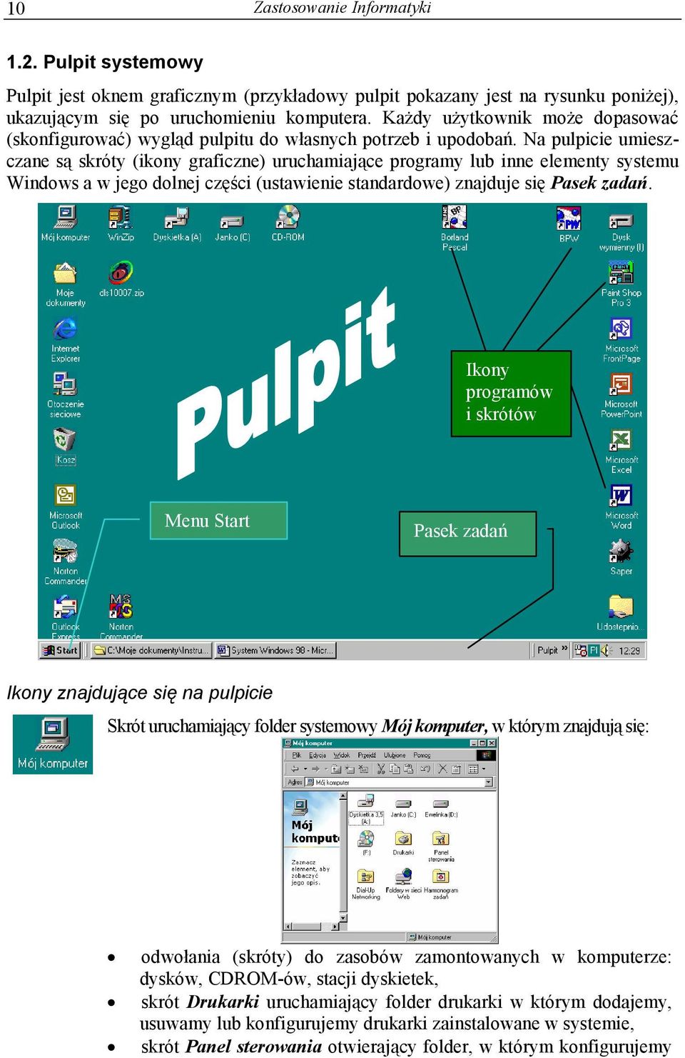 Na pulpicie umieszczane są skróty (ikony graficzne) uruchamiające programy lub inne elementy systemu Windows a w jego dolnej części (ustawienie standardowe) znajduje się Pasek zadań.