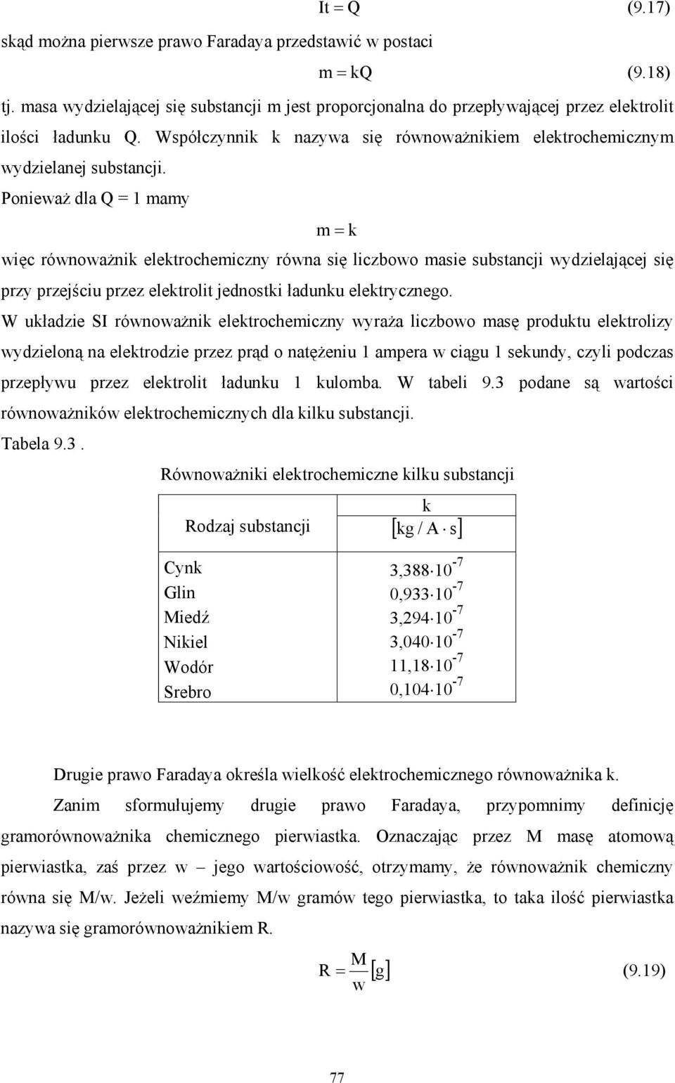 Ponieważ dla Q = 1 mamy m = k więc równoważnik elektrochemiczny równa się liczbowo masie substancji wydzielającej się przy przejściu przez elektrolit jednostki ładunku elektrycznego.