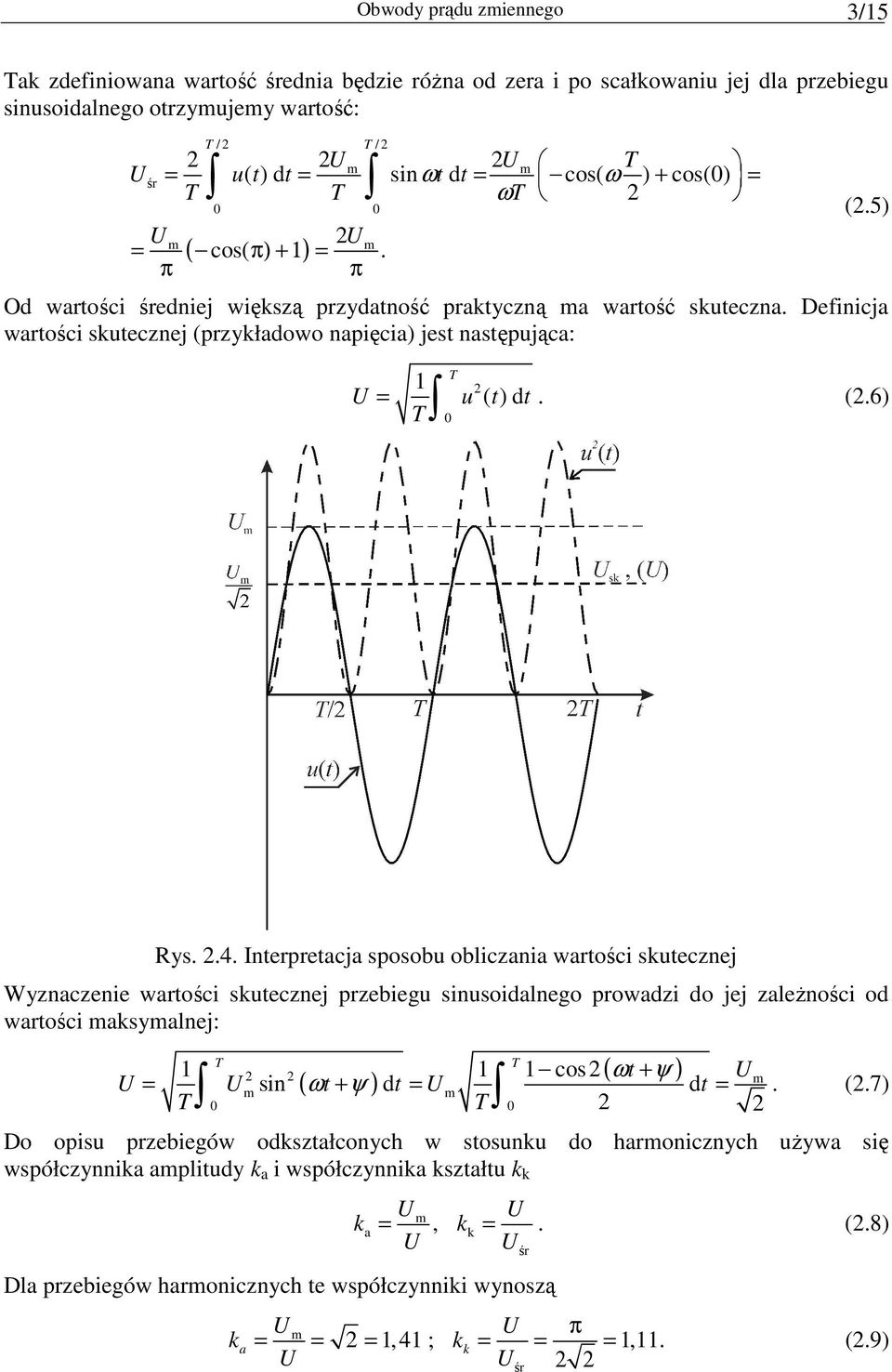 .4. Interpretacja sposobu obliczania wartości skutecznej Wyznaczenie wartości skutecznej przebiegu sinusoidalnego prowadzi do jej zaleŝności od wartości aksyalnej: cos( ωt + ψ ) U sin ( 