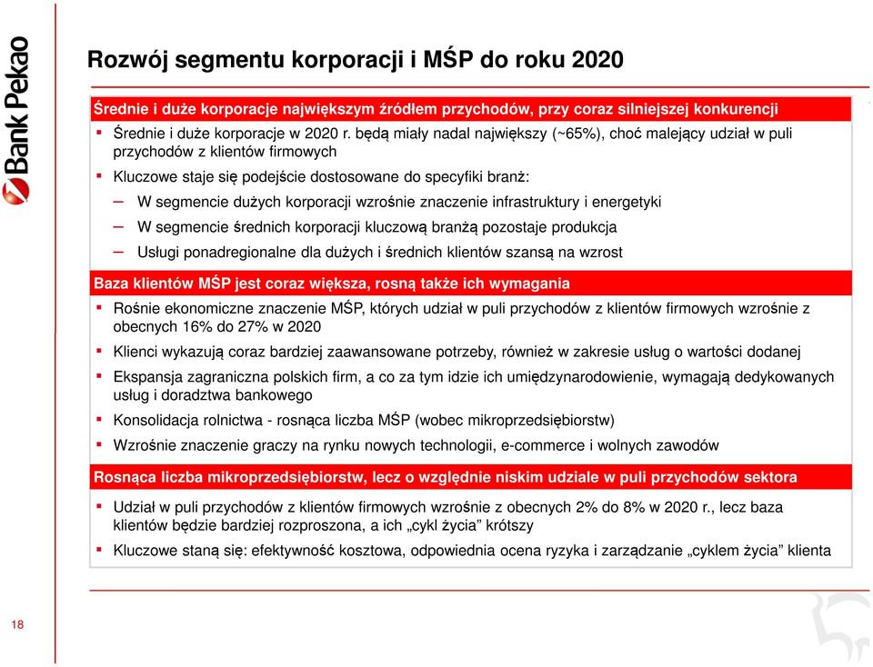 znaczenie infrastruktury i energetyki W segmencie średnich korporacji kluczową branżą pozostaje produkcja Usługi ponadregionalne dla dużych i średnich klientów szansą na wzrost Baza klientów MŚP jest