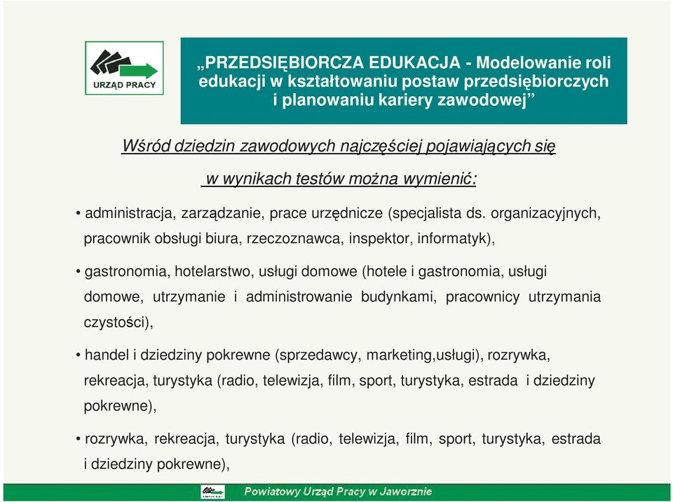 utrzymanie i administrowanie budynkami, pracownicy utrzymania czystości), handel i dziedziny pokrewne (sprzedawcy, marketing,usługi), rozrywka, rekreacja,