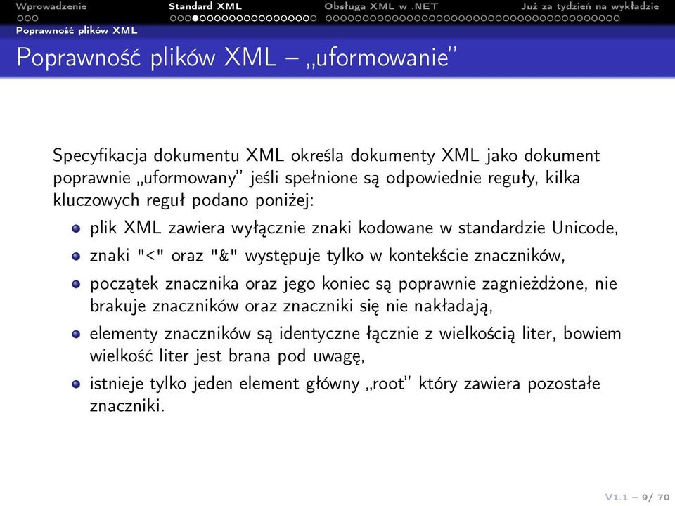kontekście znaczników, początek znacznika oraz jego koniec są poprawnie zagnieżdżone, nie brakuje znaczników oraz znaczniki się nie nakładają, elementy znaczników