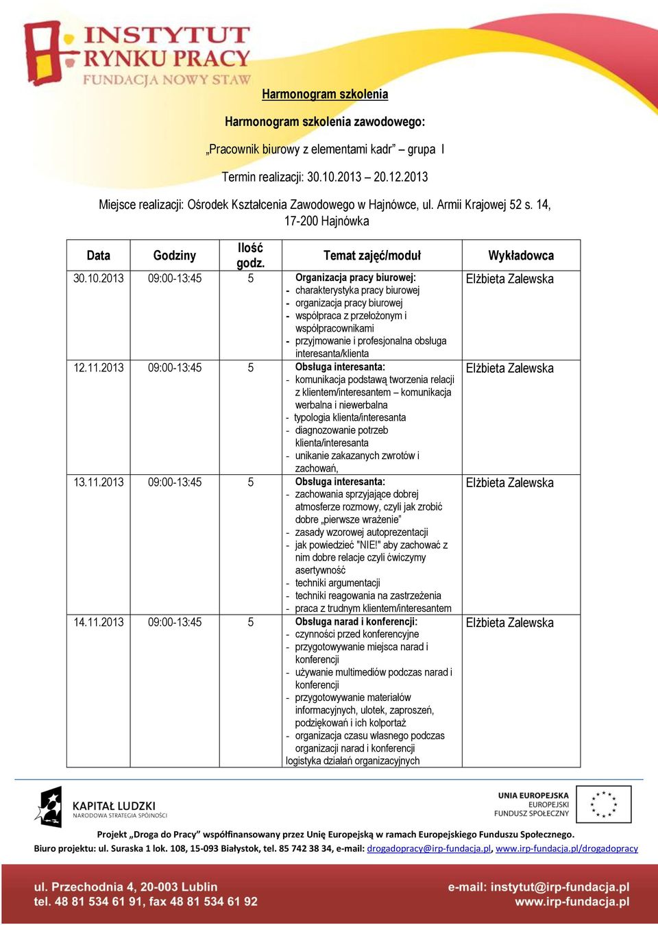 2013 09:00-13:45 5 Organizacja pracy biurowej: - charakterystyka pracy biurowej - organizacja pracy biurowej - współpraca z przełożonym i współpracownikami - przyjmowanie i profesjonalna obsługa