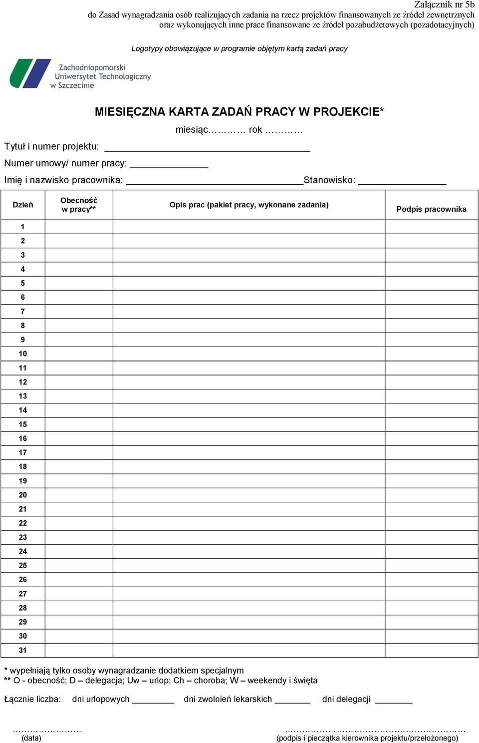 pracy, wykonane zadania) Podpis pracownika 1 2 3 4 5 6 7 8 9 10 11 12 13 14 15 16 17 18 19 20 21 22 23 24 25 26 27 28 29 30 31 * wypełniają tylko osoby wynagradzanie dodatkiem specjalnym **