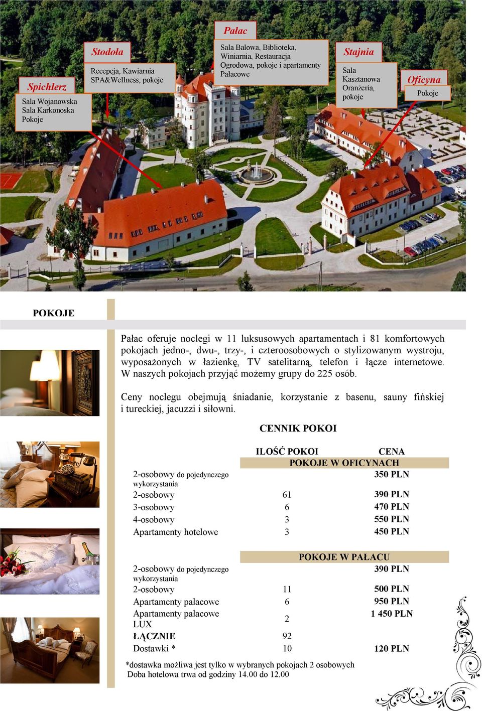 wyposażonych w łazienkę, TV satelitarną, telefon i łącze internetowe. W naszych pokojach przyjąć możemy grupy do 225 osób.