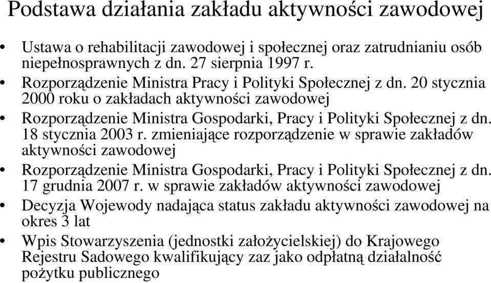 18 stycznia 2003 r. zmieniające rozporządzenie w sprawie zakładów aktywności zawodowej Rozporządzenie Ministra Gospodarki, Pracy i Polityki Społecznej z dn. 17 grudnia 2007 r.