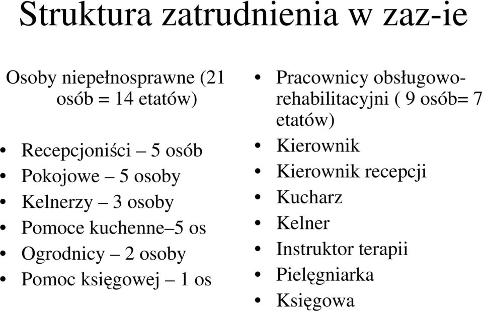 Ogrodnicy 2 osoby Pomoc księgowej 1 os Pracownicy obsługoworehabilitacyjni ( 9