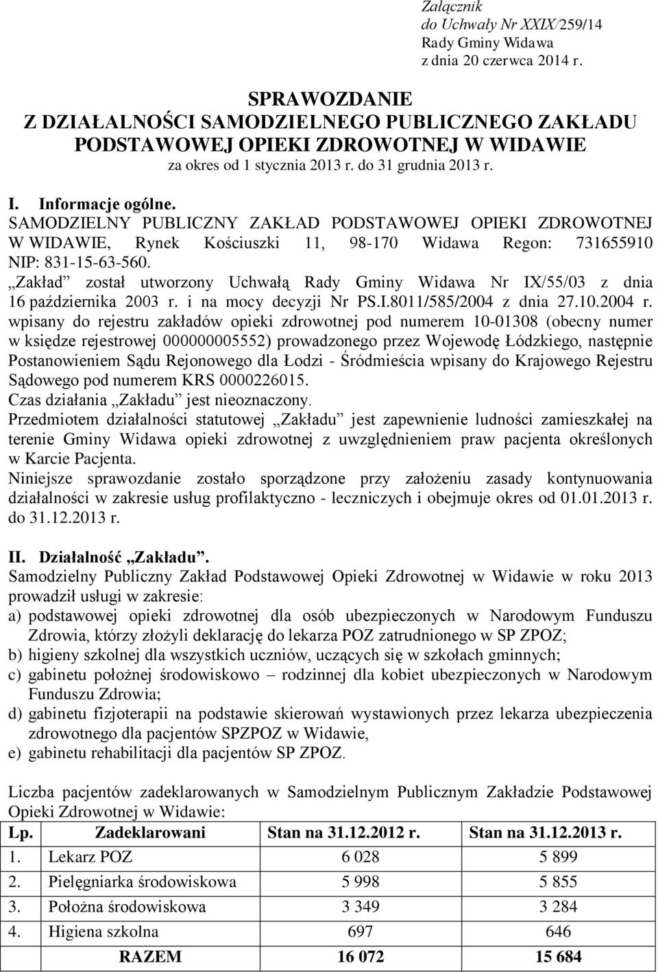 SAMODZIELNY PUBLICZNY ZAKŁAD PODSTAWOWEJ OPIEKI ZDROWOTNEJ W WIDAWIE, Rynek Kościuszki 11, 98-170 Widawa Regon: 731655910 NIP: 831-15-63-560.