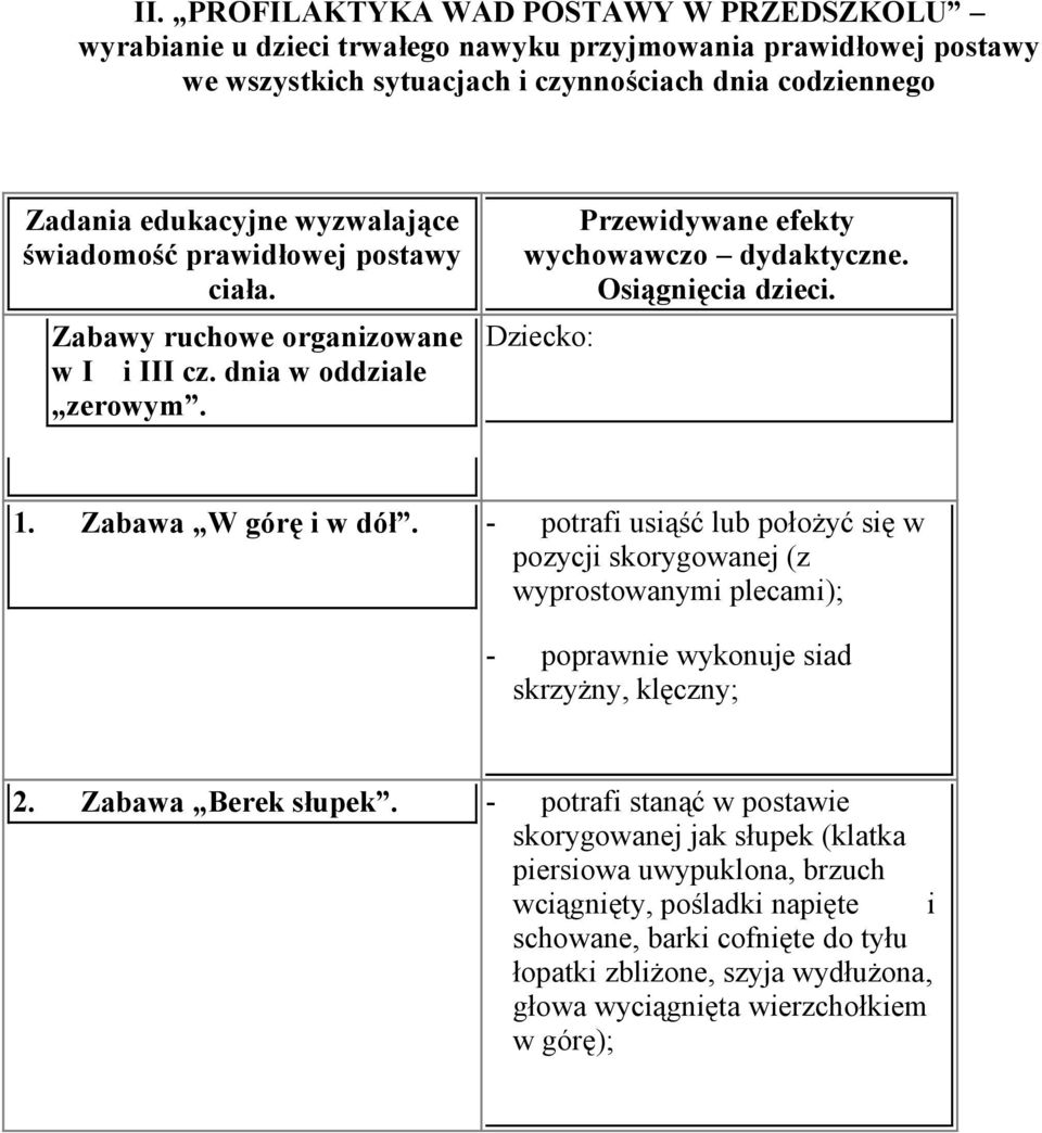 Zabawa W górę i w dół. - potrafi usiąść lub położyć się w pozycji skorygowanej (z wyprostowanymi plecami); - poprawnie wykonuje siad skrzyżny, klęczny; 2. Zabawa Berek słupek.