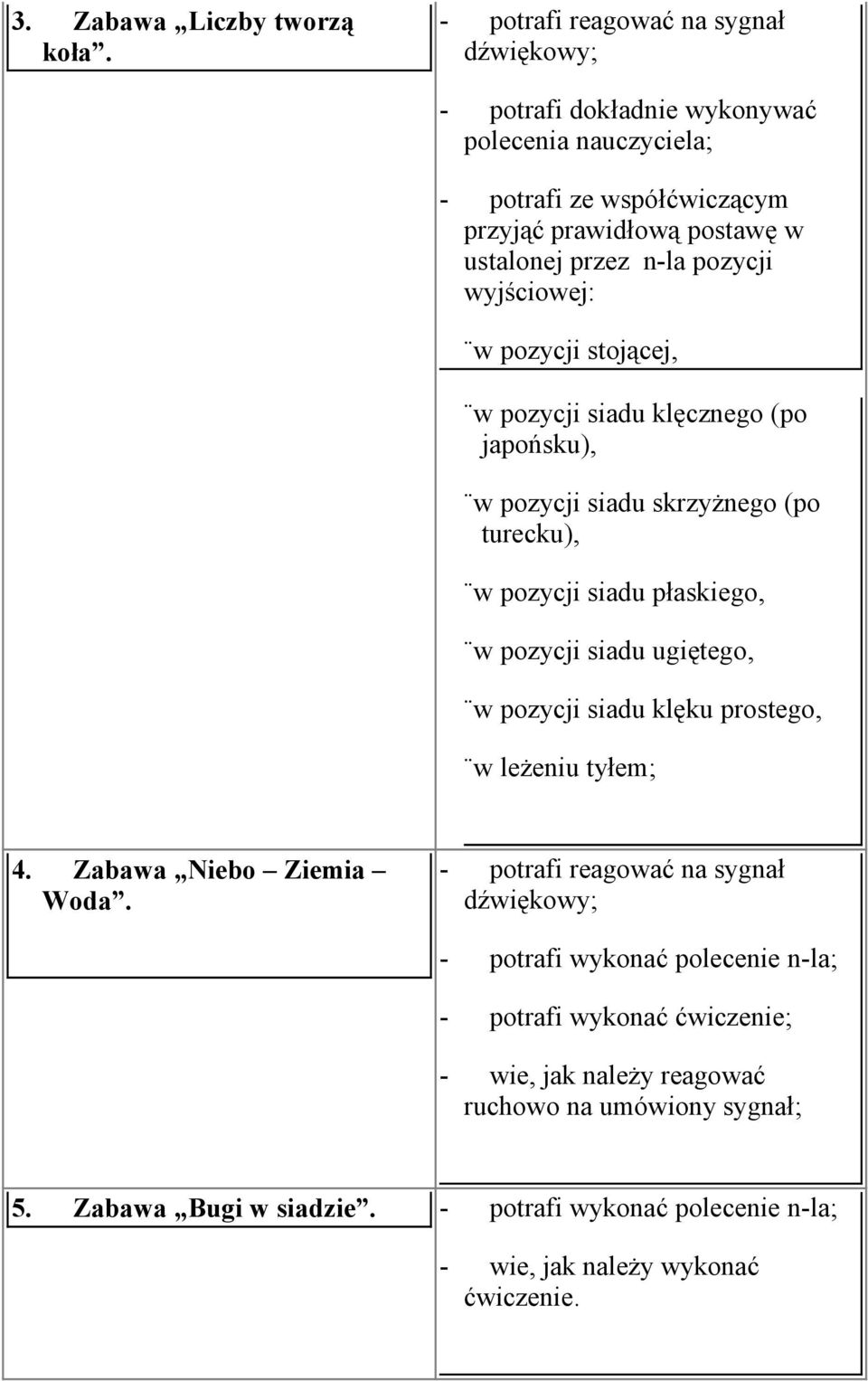 pozycji wyjściowej: w pozycji stojącej, w pozycji siadu klęcznego (po japońsku), w pozycji siadu skrzyżnego (po turecku), w pozycji siadu płaskiego, w pozycji siadu ugiętego, w