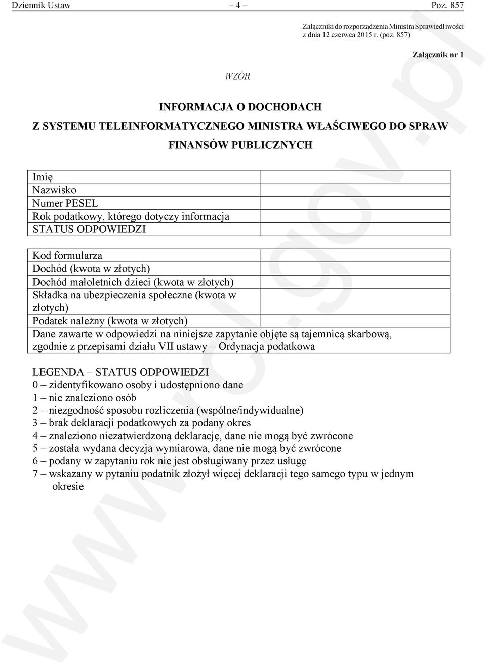 857) Załącznik nr 1 Załącznik nr 1 INFORMACJA O DOCHODACH Z SYSTEMU TELEINFORMATYCZNEGO MINISTRA WŁAŚCIWEGO DO SPRAW FINANSÓW PUBLICZNYCH Imię Nazwisko Numer PESEL Rok podatkowy, którego dotyczy