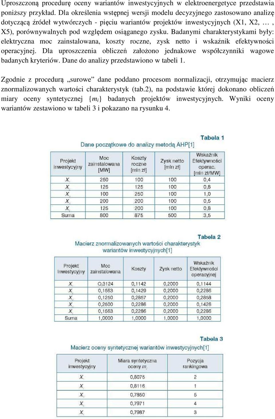 zysku. Badanymi charakterystykami były: elektryczna moc zainstalowana, koszty roczne, zysk netto i wskaźnik efektywności operacyjnej.