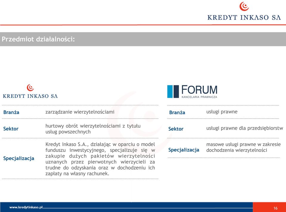 , działając w oparciu o model funduszu inwestycyjnego, specjalizuje się w zakupie dużych pakietów wierzytelności uznanych przez