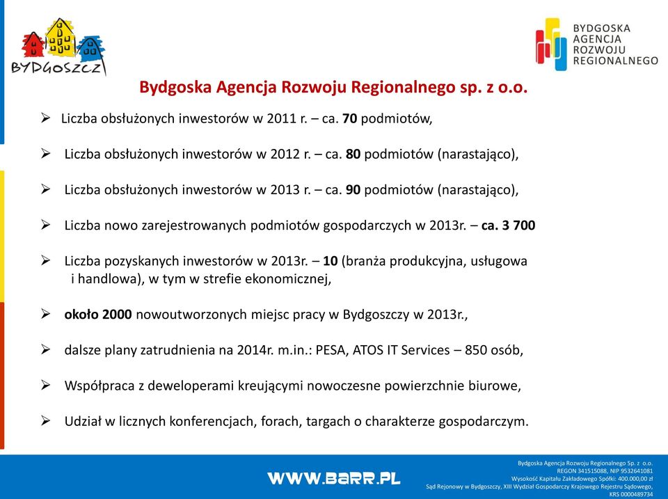 10 (branża produkcyjna, usługowa i handlowa), w tym w strefie ekonomicznej, około 2000 nowoutworzonych miejsc pracy w Bydgoszczy w 2013r., dalsze plany zatrudnienia na 2014r. m.in.