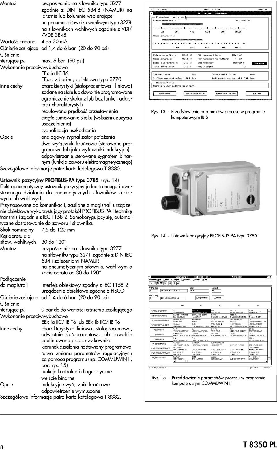 6 bar (90 psi) EEx ia IIC T6 EEx d z barier¹ obiektow¹ typu 3770 Inne cechy charakterystyki (sta³oprocentowa i liniowa) zadane na sta³e lub dowolnie programowane ograniczenie skoku z lub bez funkcji