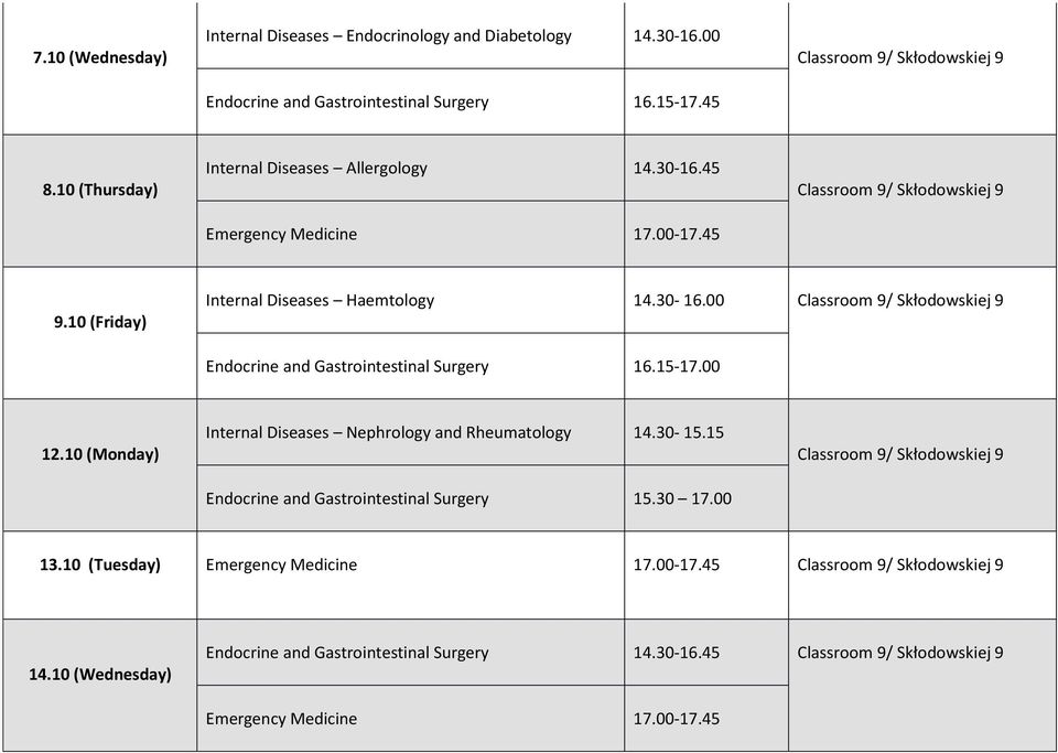 15-17.00 12.10 (Monday) Nephrology and Rheumatology 14.30-15.15 Endocrine and Gastrointestinal Surgery 15.30 17.00 Classroom 9/ Skłodowskiej 9 13.