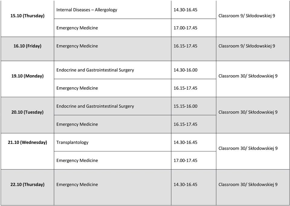 45 Classroom 30/ Skłodowskiej 9 20.10 (Tuesday) Endocrine and Gastrointestinal Surgery 15.15-16.00 Emergency Medicine 16.15-17.