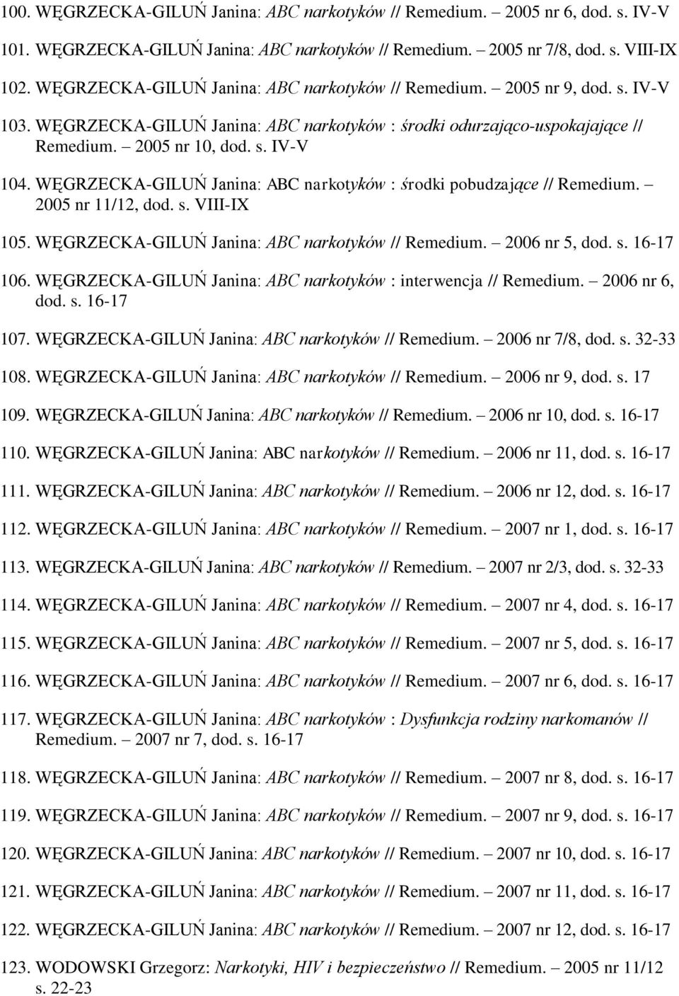 WĘGRZECKA-GILUŃ Janina: ABC narkotyków : środki pobudzające // Remedium. 2005 nr 11/12, dod. s. VIII-IX 105. WĘGRZECKA-GILUŃ Janina: ABC narkotyków // Remedium. 2006 nr 5, dod. s. 16-17 106.