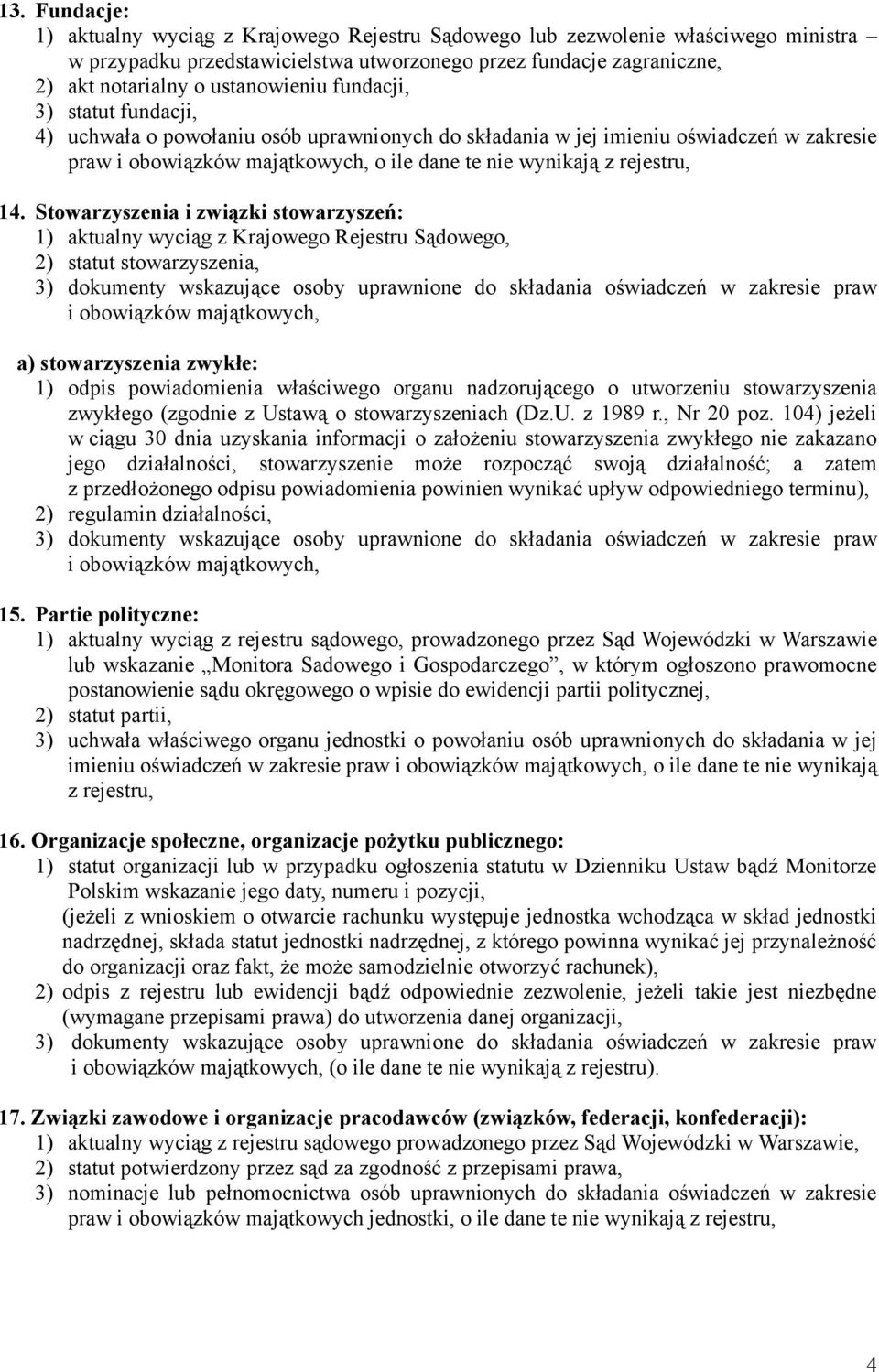 Stowarzyszenia i związki stowarzyszeń: 2) statut stowarzyszenia, a) stowarzyszenia zwykłe: 1) odpis powiadomienia właściwego organu nadzorującego o utworzeniu stowarzyszenia zwykłego (zgodnie z