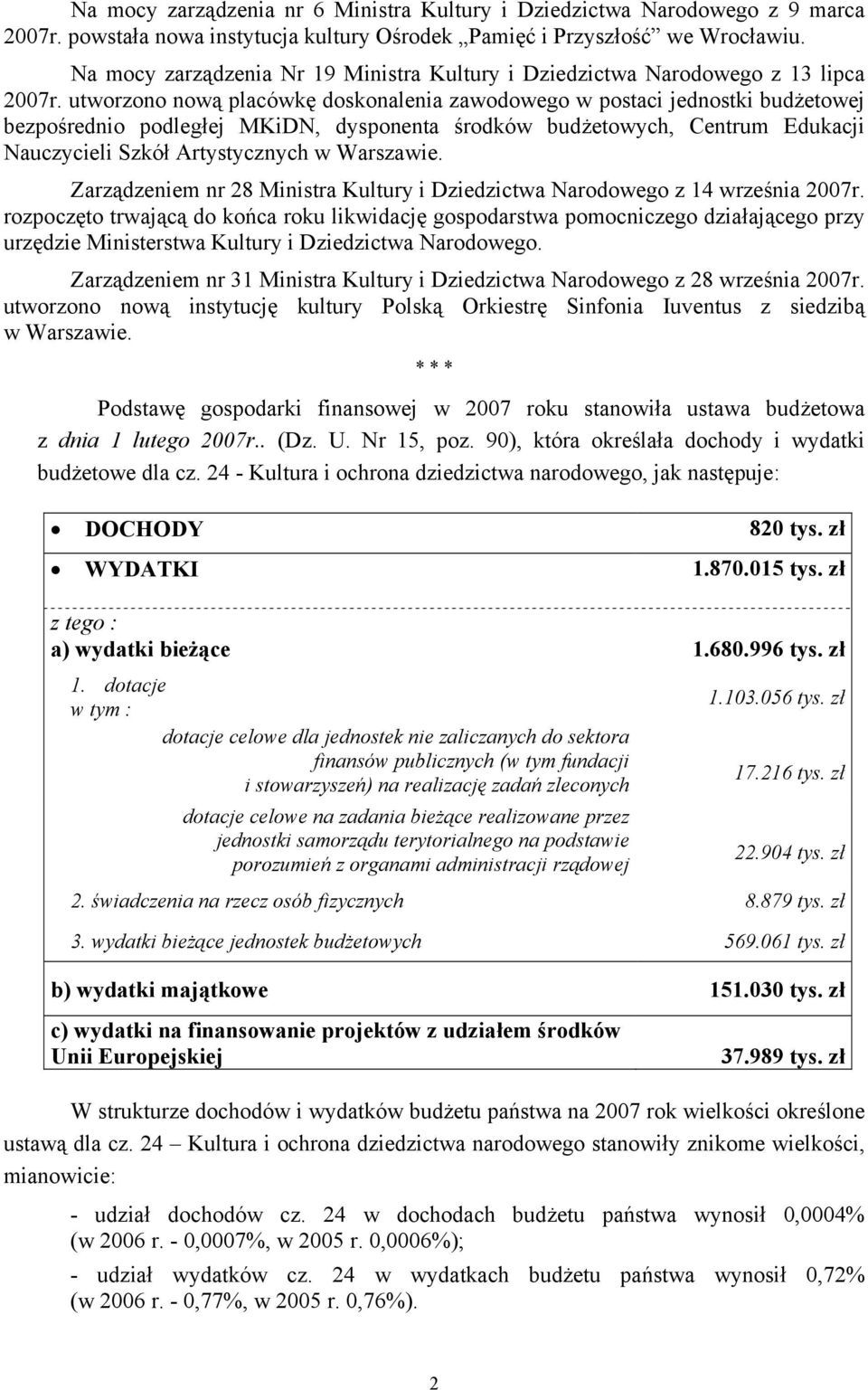 utworzono nową placówkę doskonalenia zawodowego w postaci jednostki budżetowej bezpośrednio podległej MKiDN, dysponenta środków budżetowych, Centrum Edukacji Nauczycieli Szkół Artystycznych w