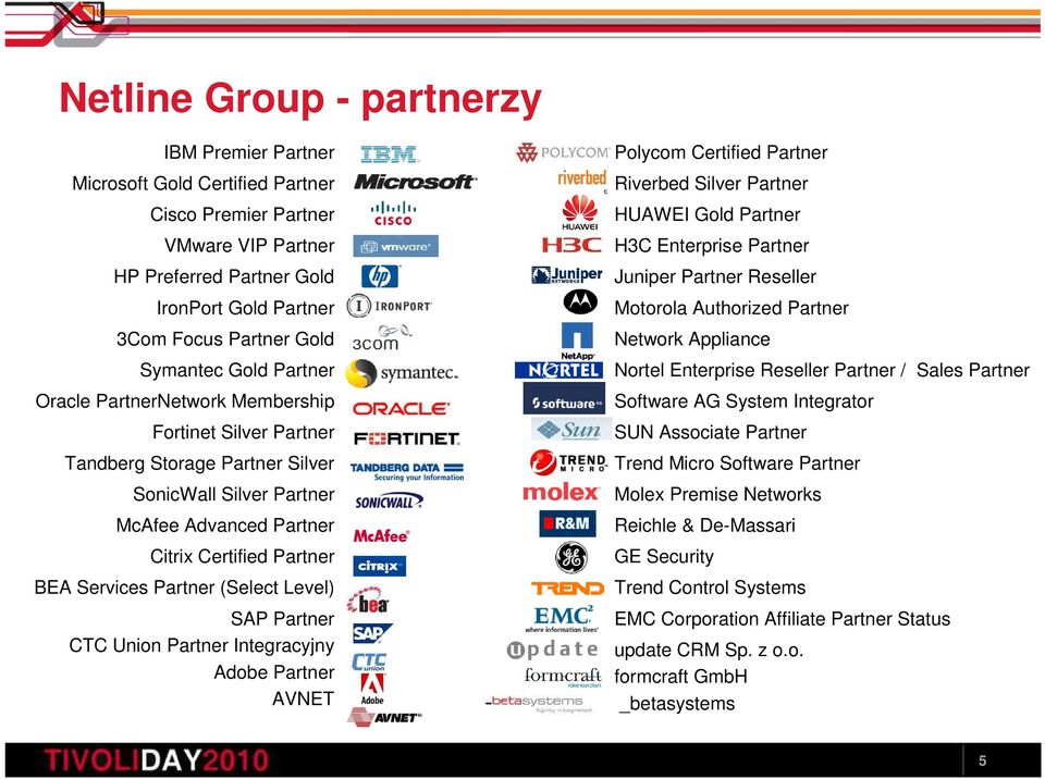 Partner (Select Level) SAP Partner CTC Union Partner Integracyjny Adobe Partner AVNET Polycom Certified Partner Riverbed Silver Partner HUAWEI Gold Partner H3C Enterprise Partner Juniper Partner