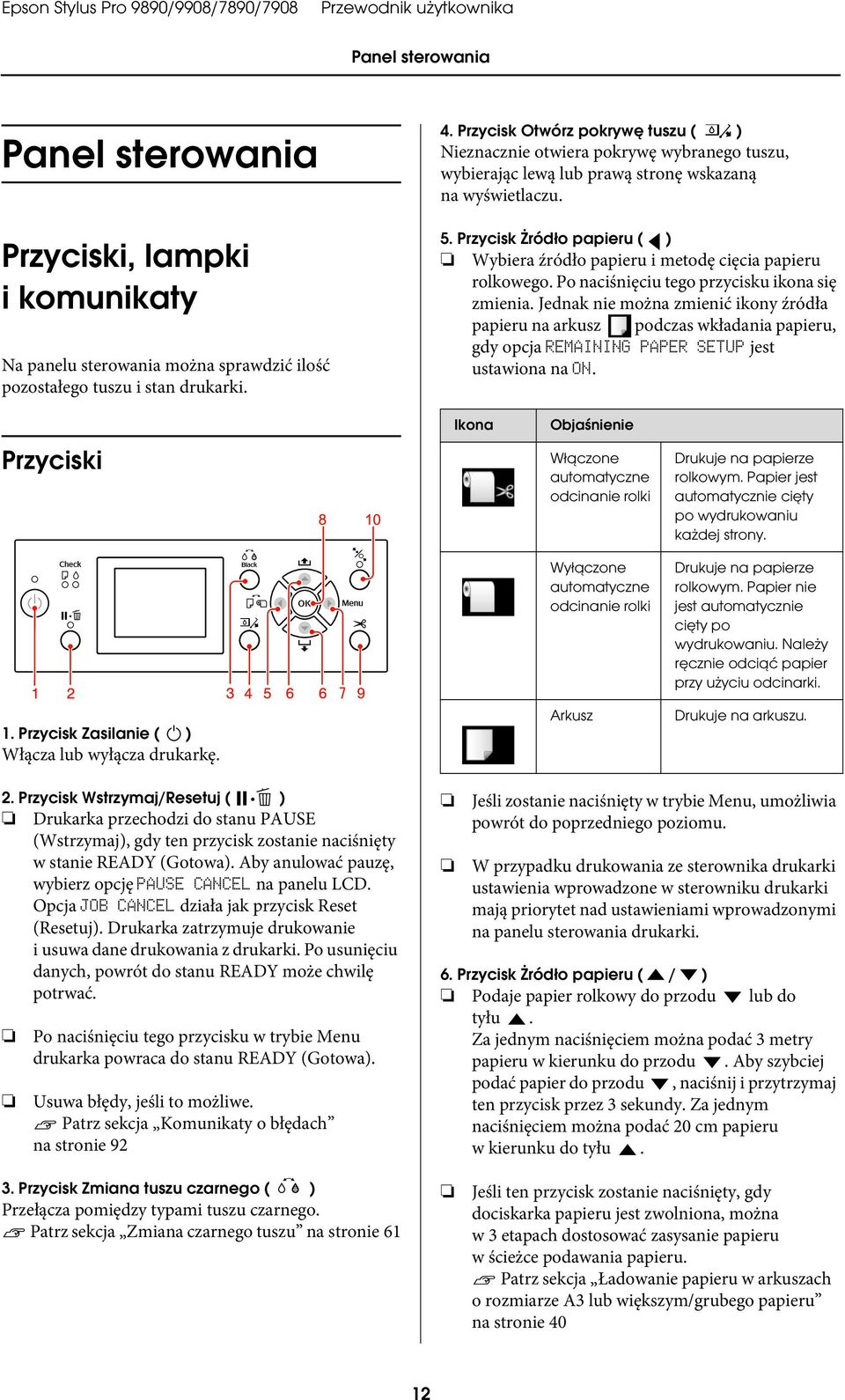 Przycisk Żródło papieru ( ) Wybiera źródło papieru i metodę cięcia papieru rolkowego. Po naciśnięciu tego przycisku ikona się zmienia.