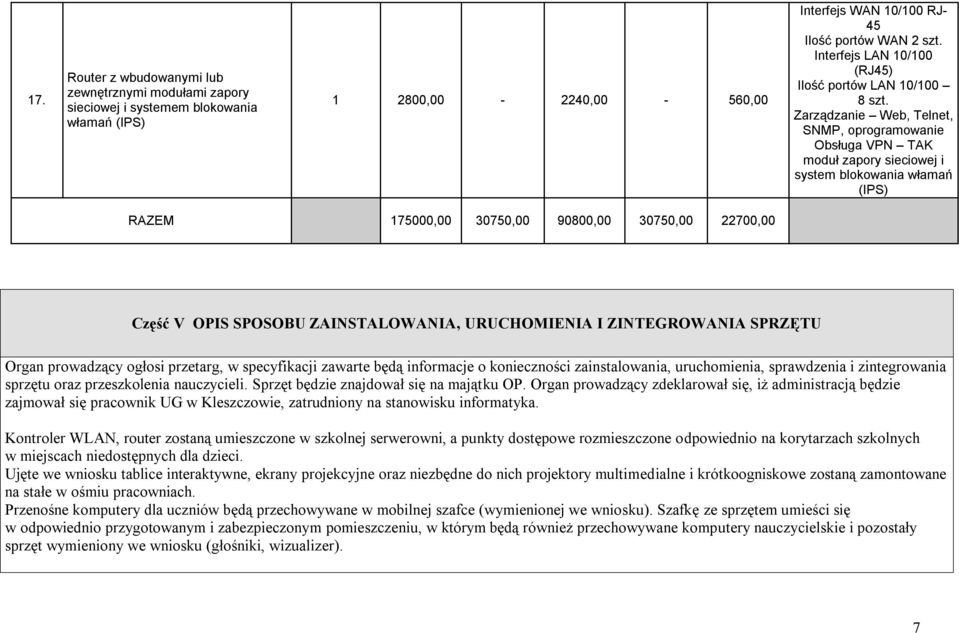 Zarządzanie Web, Telnet, SNMP, oprogramowanie Obsługa VPN TAK moduł zapory sieciowej i system blokowania włamań (IPS) RAZEM 175000,00 30750,00 90800,00 30750,00 22700,00 Część V OPIS SPOSOBU