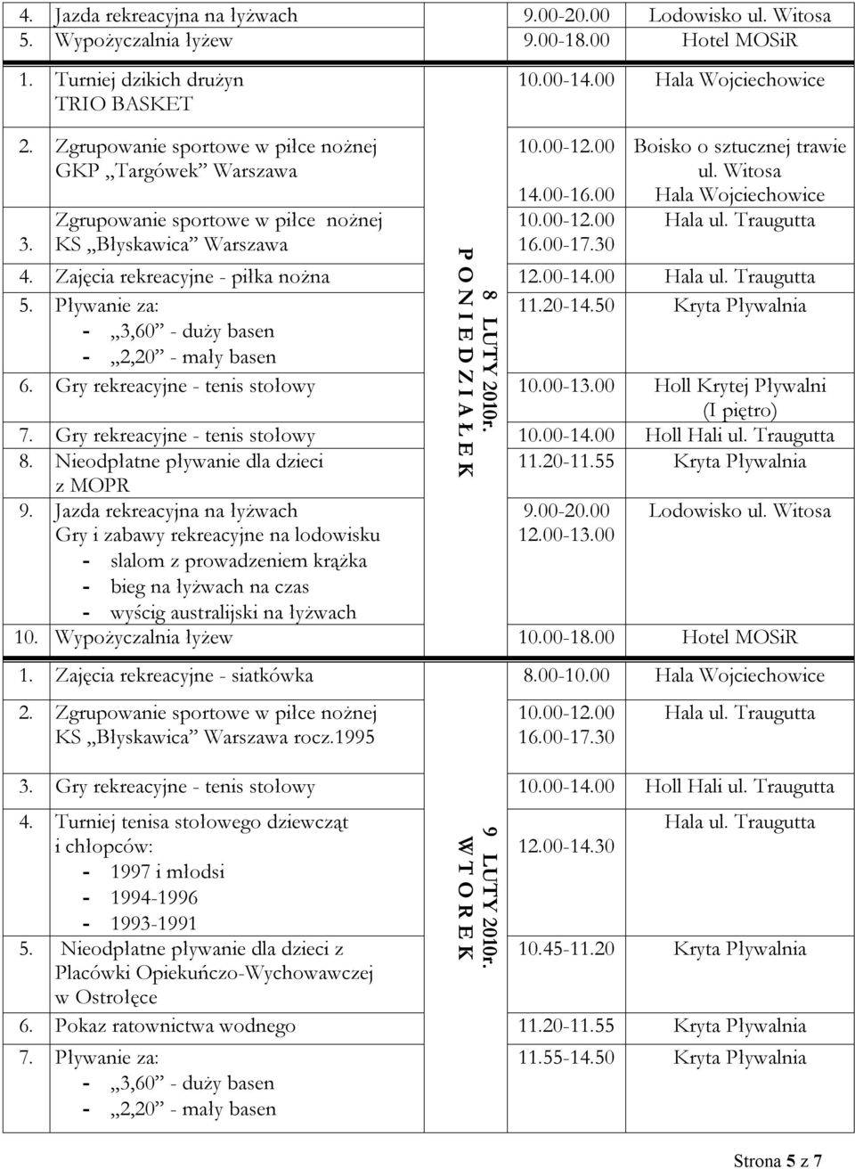 00-13.00 Holl Krytej Pływalni 7. Gry rekreacyjne - tenis stołowy 10.00-14.00 Holl Hali ul. Traugutta 8. Nieodpłatne pływanie dla dzieci z MOPR 9.