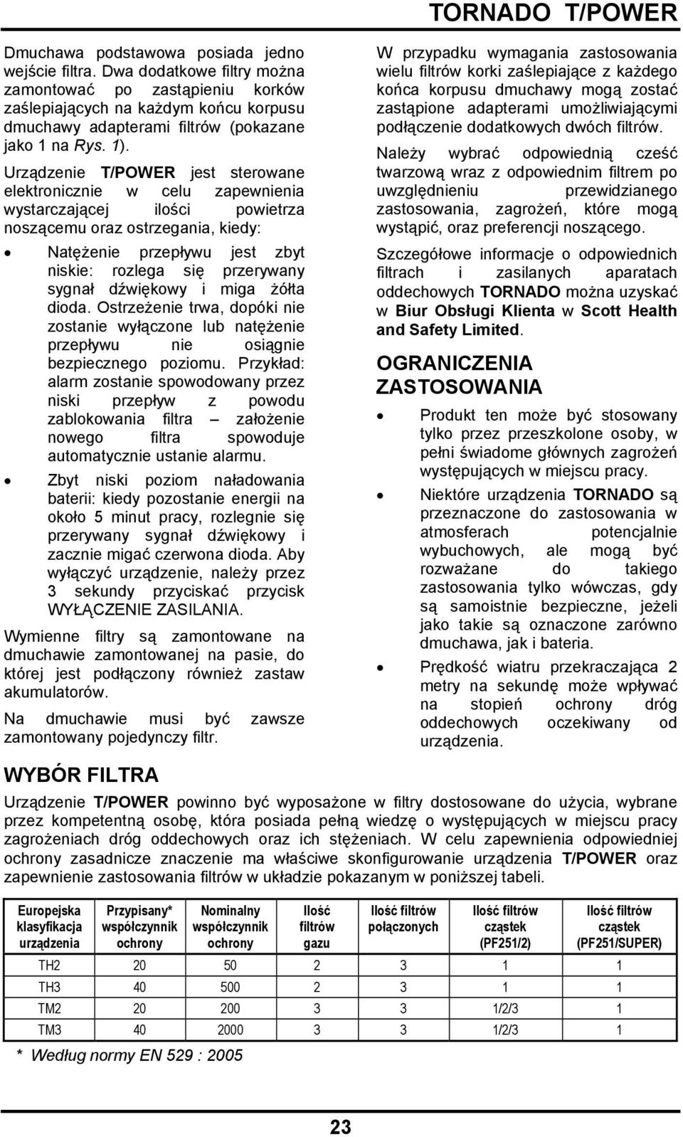 Urządzenie T/POWER jest sterowane elektronicznie w celu zapewnienia wystarczającej ilości powietrza noszącemu oraz ostrzegania, kiedy: Natężenie przepływu jest zbyt niskie: rozlega się przerywany