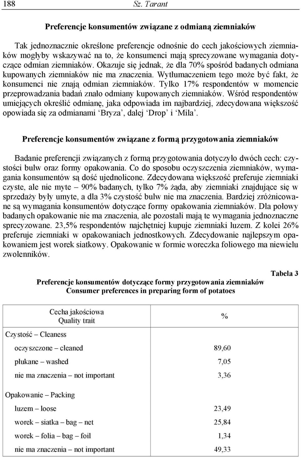 wymagania dotyczące odmian ziemniaków. Okazuje się jednak, że dla 70% spośród badanych odmiana kupowanych ziemniaków nie ma znaczenia.