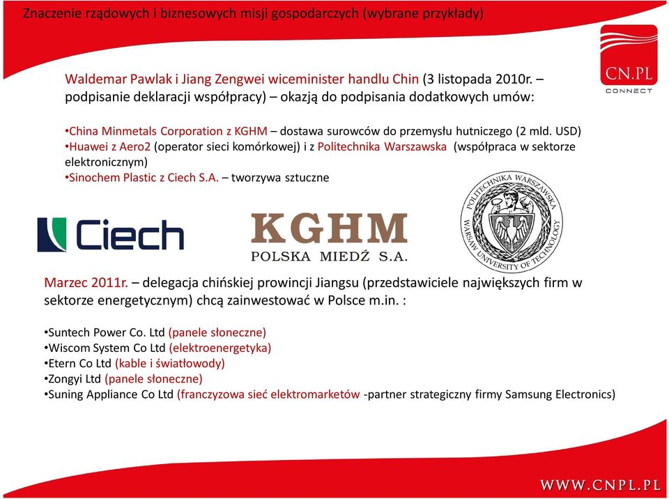 USD) Huawei z Aero2 (operator sieci komórkowej) i z Politechnika Warszawska (współpraca w sektorze elektronicznym) Sinochem Plastic z Ciech S.A. tworzywa sztuczne Marzec 2011r.