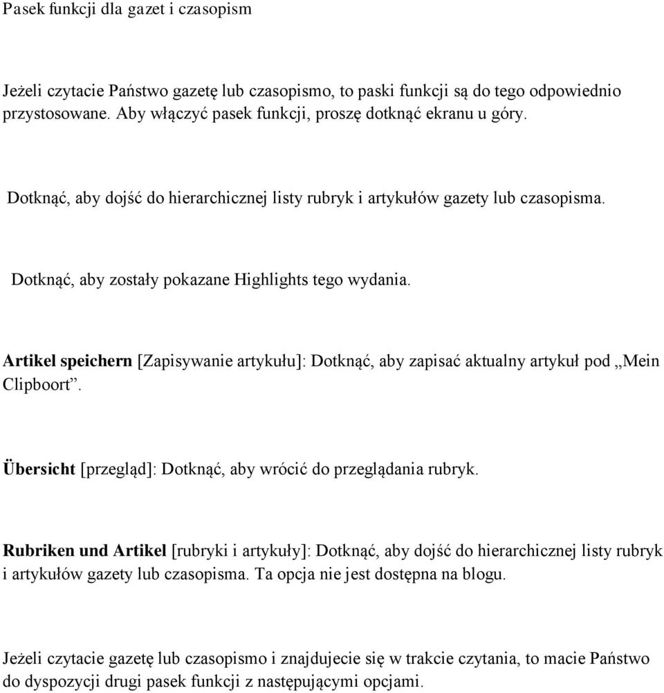 Artikel speichern [Zapisywanie artykułu]: Dotknąć, aby zapisać aktualny artykuł pod Mein Clipboort. Übersicht [przegląd]: Dotknąć, aby wrócić do przeglądania rubryk.