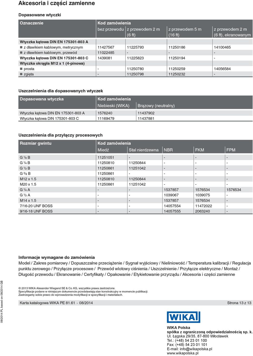 okrągła M12 x 1 (4-pinowa) prosta - 11250780 11250259 14056584 zgięta - 11250798 11250232 - Uszczelnienia dla dopasowanych wtyczek Dopasowana wtyczka Kod zamówienia Niebieski (WIKA) Brązowy