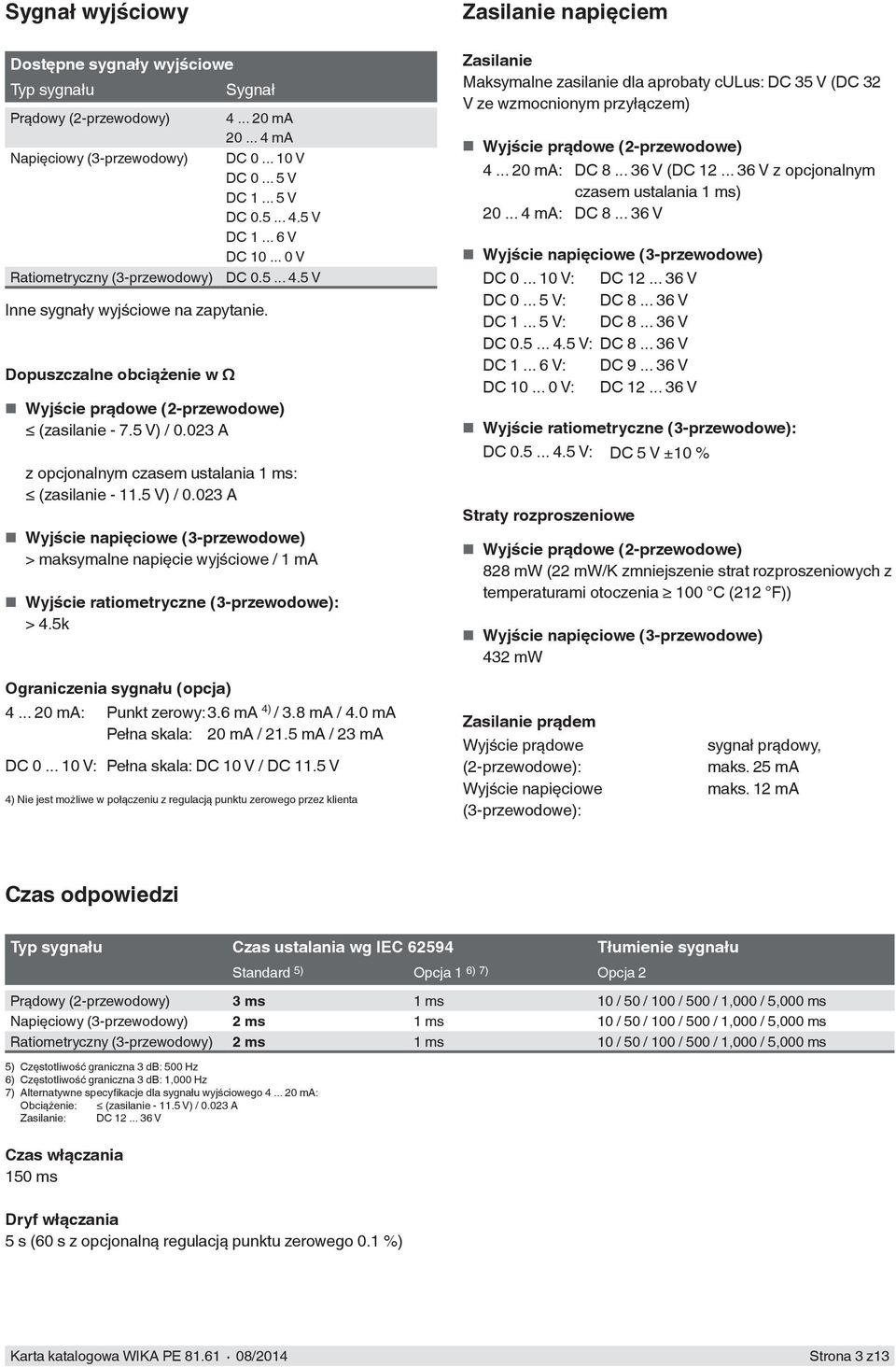 023 A z opcjonalnym czasem ustalania 1 ms: (zasilanie - 11.5 V) / 0.023 A Wyjście napięciowe (3-przewodowe) > maksymalne napięcie wyjściowe / 1 ma Wyjście ratiometryczne (3-przewodowe): > 4.