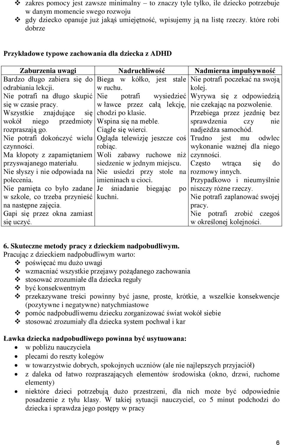 swoją odrabiania lekcji. w ruchu. kolej. Nie potrafi na długo skupić Nie potrafi wysiedzieć Wyrywa się z odpowiedzią się w czasie pracy. w ławce przez całą lekcję, nie czekając na pozwolenie.