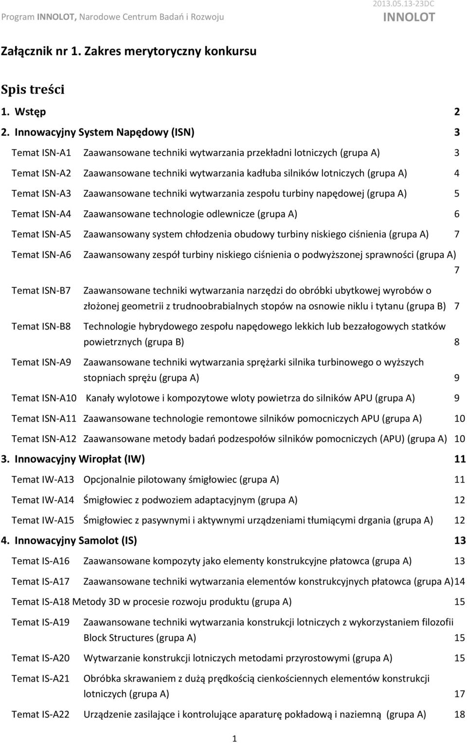 A) 4 Temat ISN-A3 Zaawansowane techniki wytwarzania zespołu turbiny napędowej (grupa A) 5 Temat ISN-A4 Zaawansowane technologie odlewnicze (grupa A) 6 Temat ISN-A5 Zaawansowany system chłodzenia