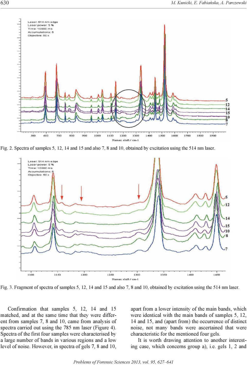 Confirmation that samples 5, 12, 14 and 15 matched, and at the same time that they were different from samples 7, 8 and 10, came from analysis of spectra carried out using the 785 nm laser (Figure 4).