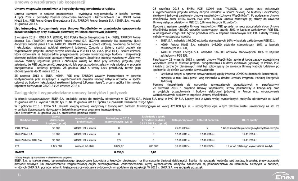 List intencyjny, Porozumienie oraz Umowa Wspólników w przedmiocie opracowania zasad współpracy przy budowie pierwszej w Polsce elektrowni jądrowej 5 września 2012 r. ENEA 