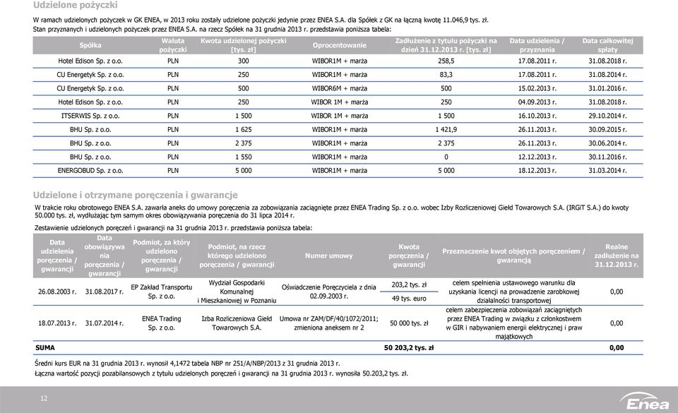 zł] Oprocentowanie Zadłużenie z tytułu pożyczki na dzień 31.12.2013 r. [tys. zł] Data udzielenia / przyznania Data całkowitej spłaty Hotel Edison Sp. z o.o. PLN 300 WIBOR1M + marża 258,5 17.08.2011 r.