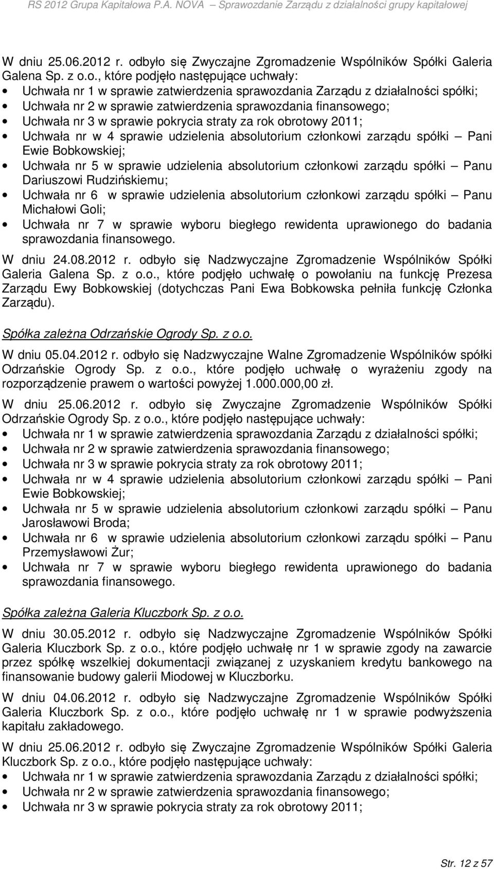 Uchwała nr 2 w sprawie zatwierdzenia sprawozdania finansowego; Uchwała nr 3 w sprawie pokrycia straty za rok obrotowy 2011; Uchwała nr w 4 sprawie udzielenia absolutorium członkowi zarządu spółki