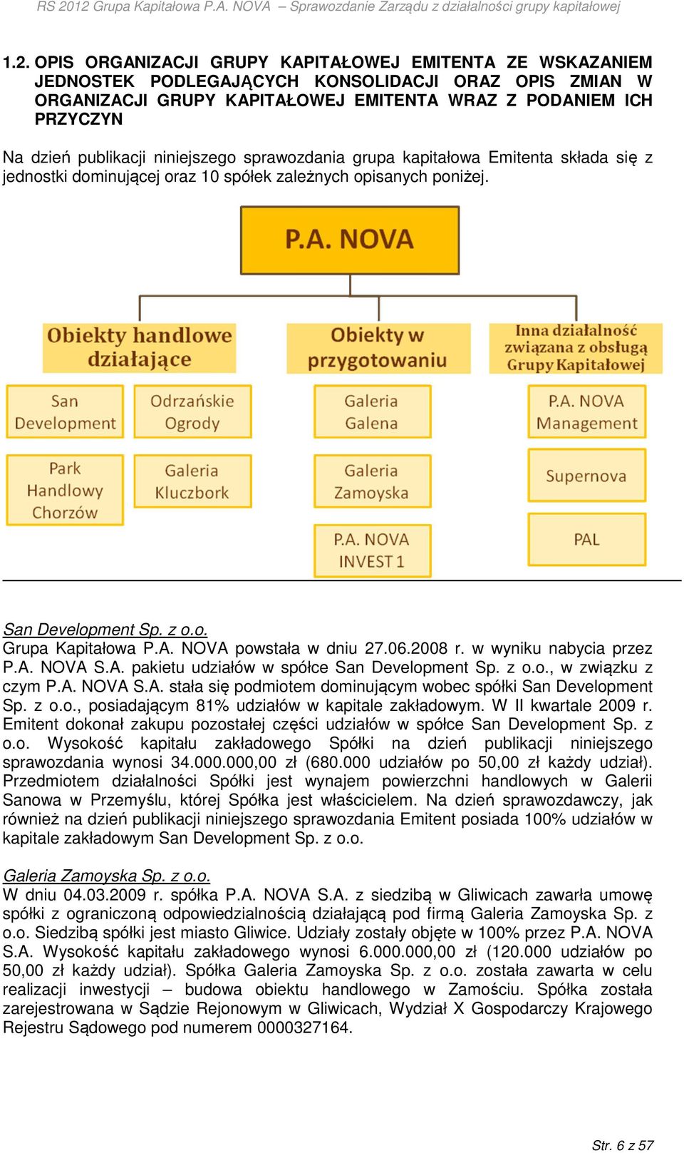 NOVA powstała w dniu 27.06.2008 r. w wyniku nabycia przez P.A. NOVA S.A. pakietu udziałów w spółce San Development Sp. z o.o., w związku z czym P.A. NOVA S.A. stała się podmiotem dominującym wobec spółki San Development Sp.