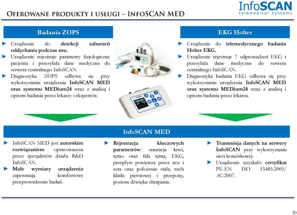 EKG Holter Urządzenie do telemedycznego badania Holter EKG. Urządzenie rejestruje 7 odprowadzeń EKG i przesyłała dane medyczne do serwera centralnego InfoSCAN.