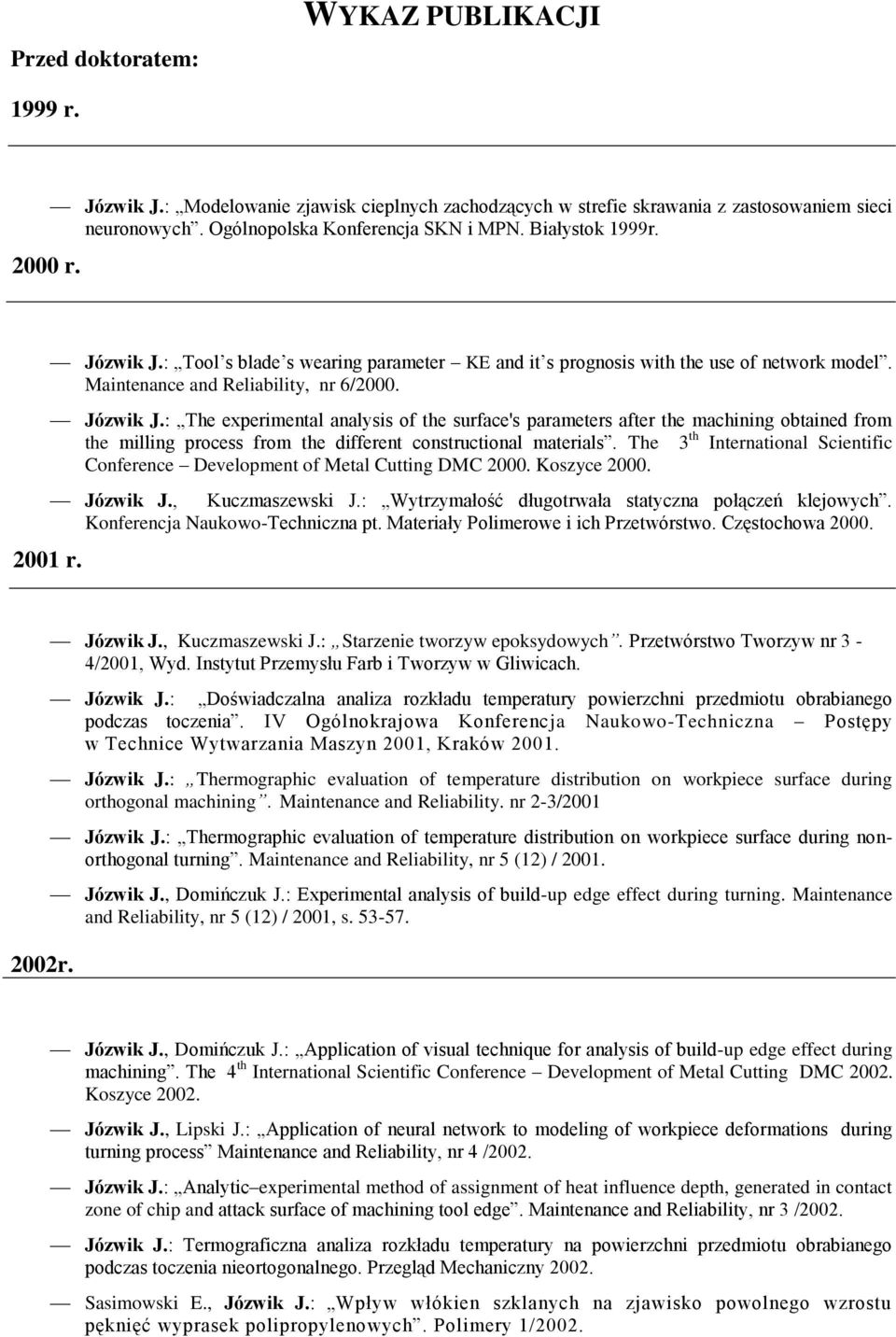 The 3 th International Scientific Conference Development of Metal Cutting DMC 2000. Koszyce 2000. Józwik J., Kuczmaszewski J.: Wytrzymałość długotrwała statyczna połączeń klejowych.