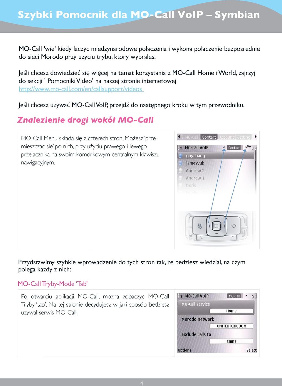 com/en/callsupport/videos Jeśli chcesz używać MO-Call VoIP, przejdź do następnego kroku w tym przewodniku. Znalezienie drogi wokół MO-Call MO-Call Menu składa się z czterech stron.
