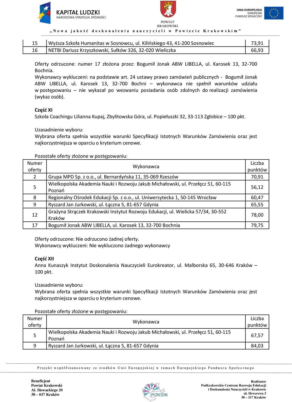 Karosek 13, 32-700 Bochnia. Wykonawcy wykluczeni: na podstawie art. 24 ustawy prawo zamówień publicznych - Bogumił Jonak ABW LIBELLA, ul.