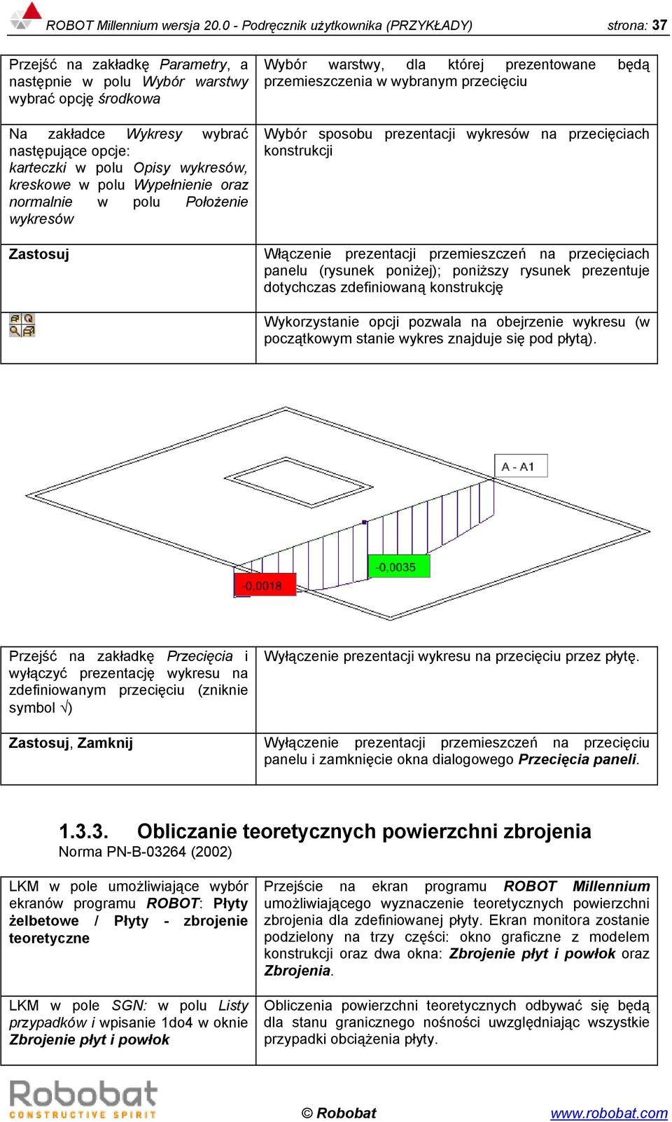 Opisy wykresów, kreskowe w polu Wypełnienie oraz normalnie w polu Położenie wykresów Zastosuj Wybór warstwy, dla której prezentowane będą przemieszczenia w wybranym przecięciu Wybór sposobu
